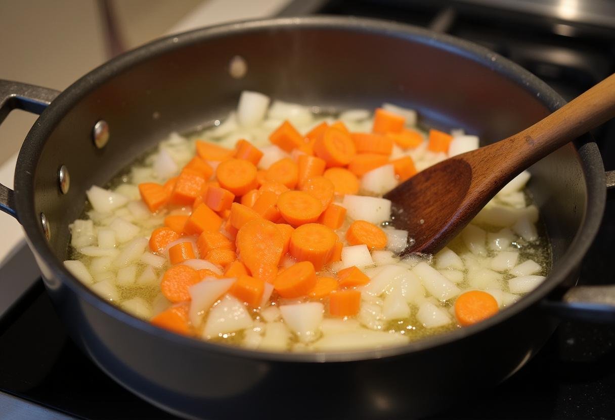 Zwiebeln und Möhren werden in Butter für die Erbsensuppe angeschwitzt.