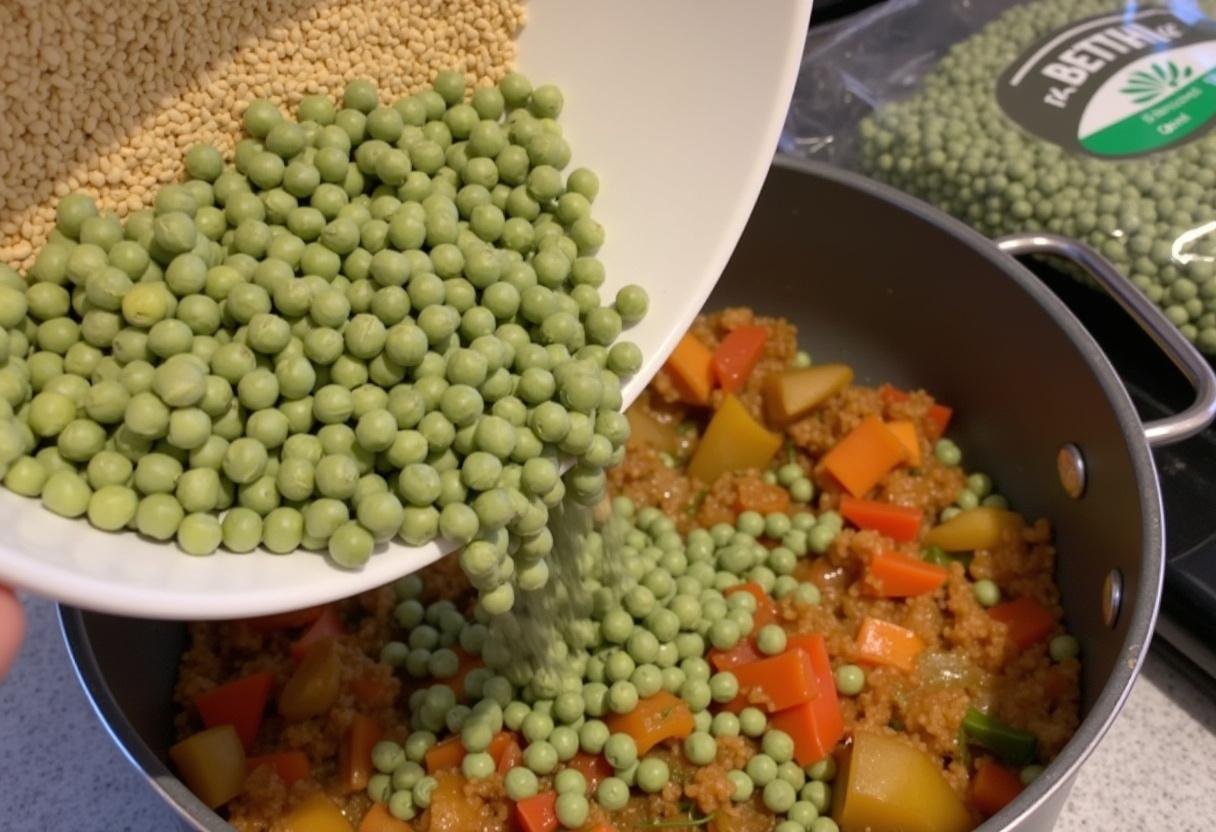 Getrocknete Erbsen werden dem Topf für die Erbsensuppe zugegeben.
