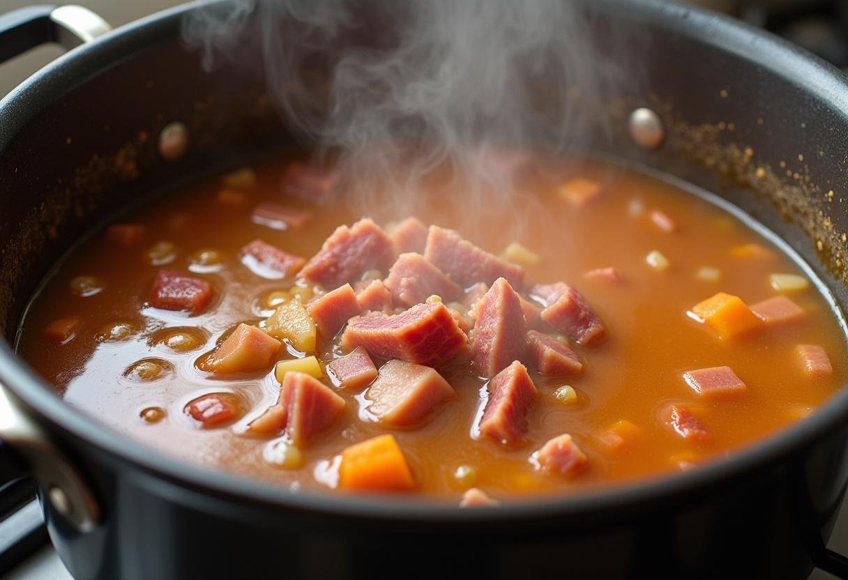 Köchelnde Erbsensuppe mit Schinkenstückchen - ein herzhaftes Gericht.