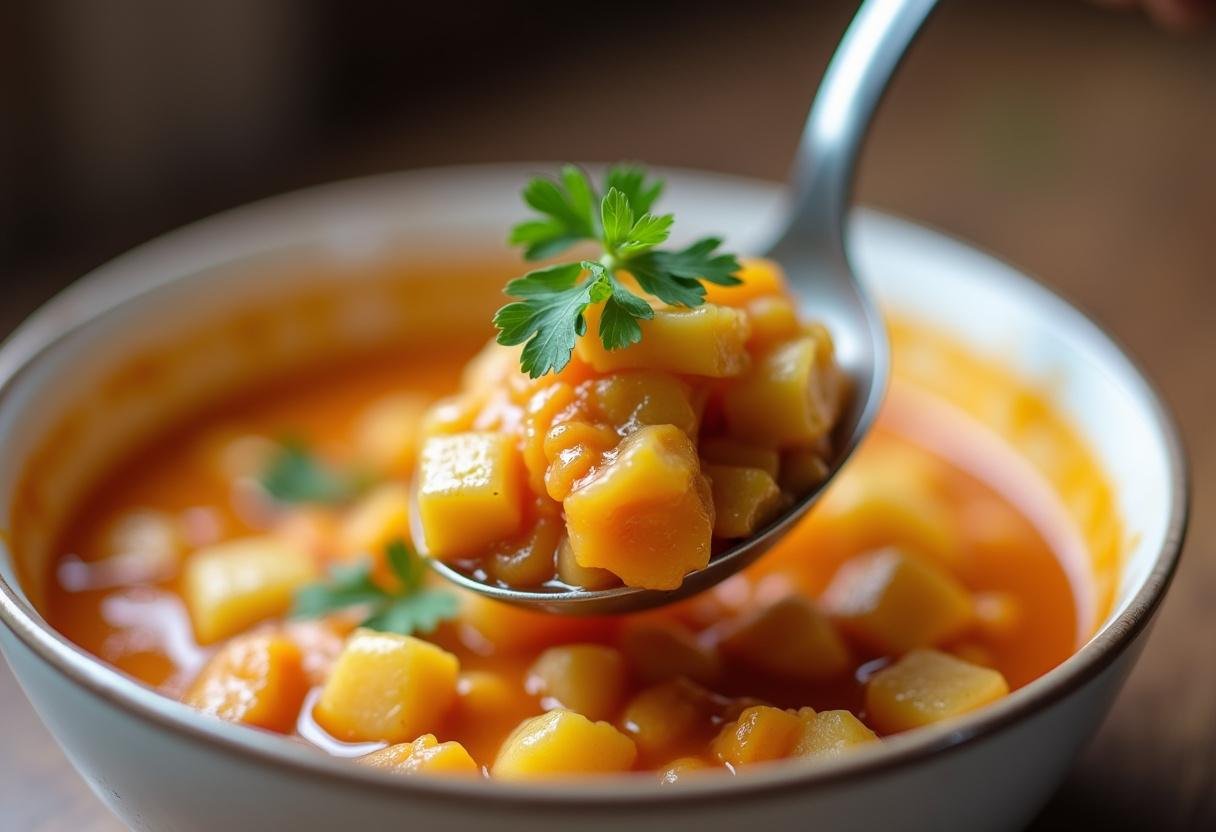 Erbsensuppe wird in eine Schüssel gefüllt, garniert mit frischer Petersilie.