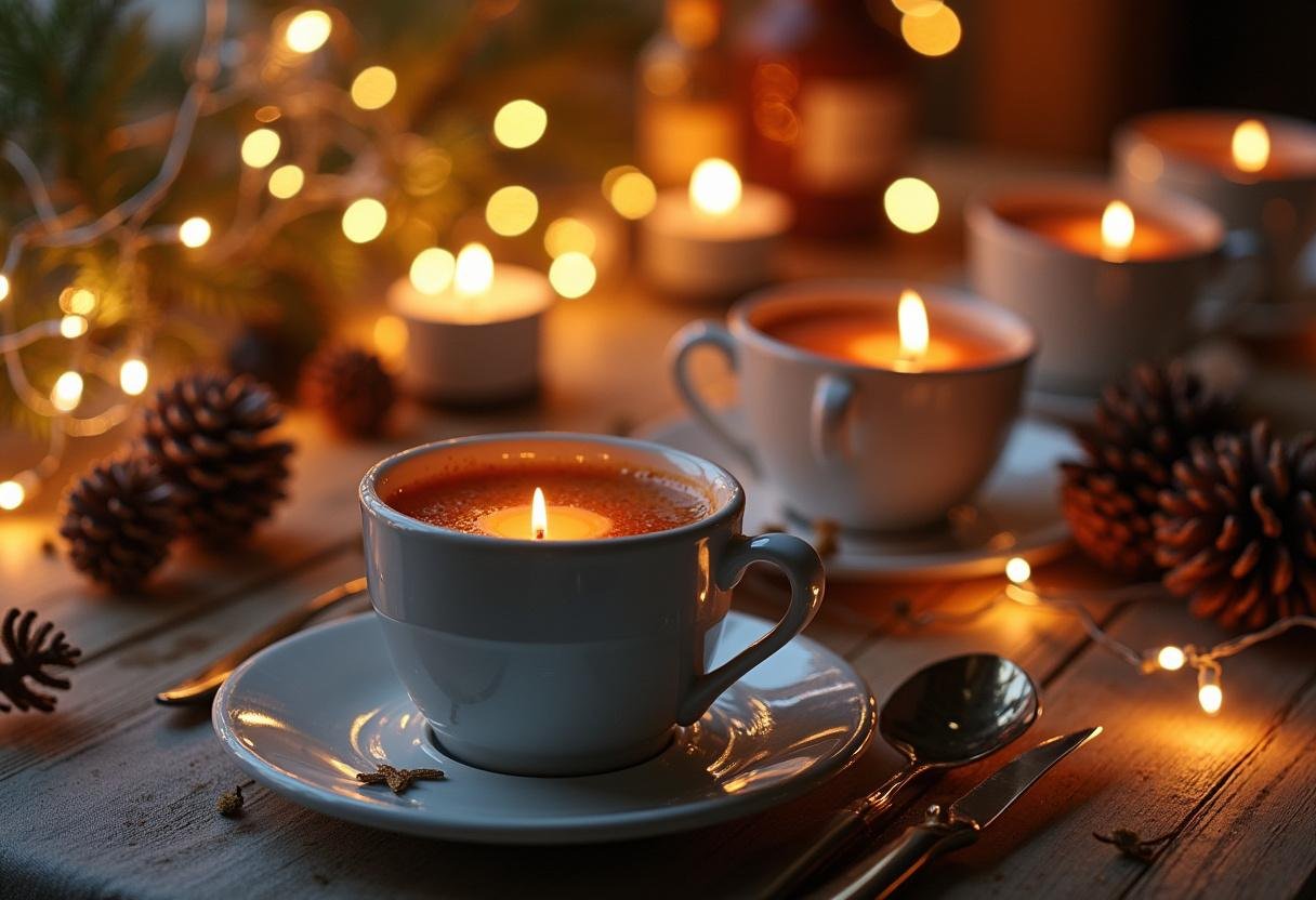 Fertig gedeckter Tisch mit Glühwein und Winterdekoration, perfekt für festliche Feiern.