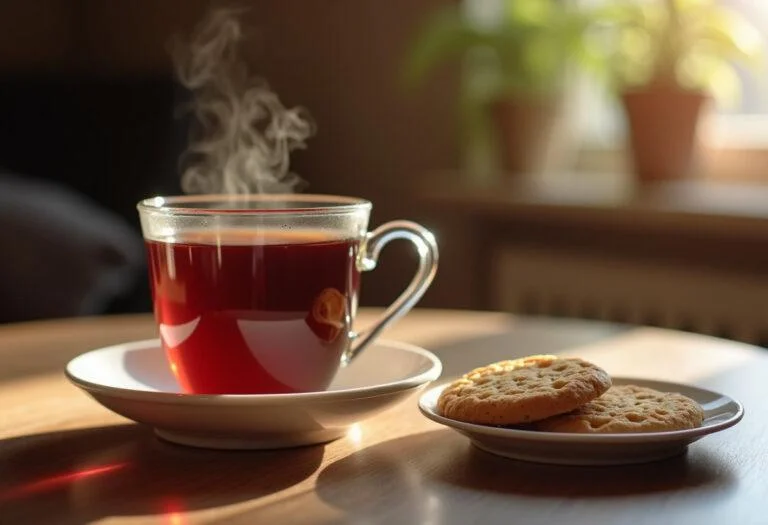 Fertige Tasse schwarzen Tee und Kekse, bewährt bei Durchfallbeschwerden.