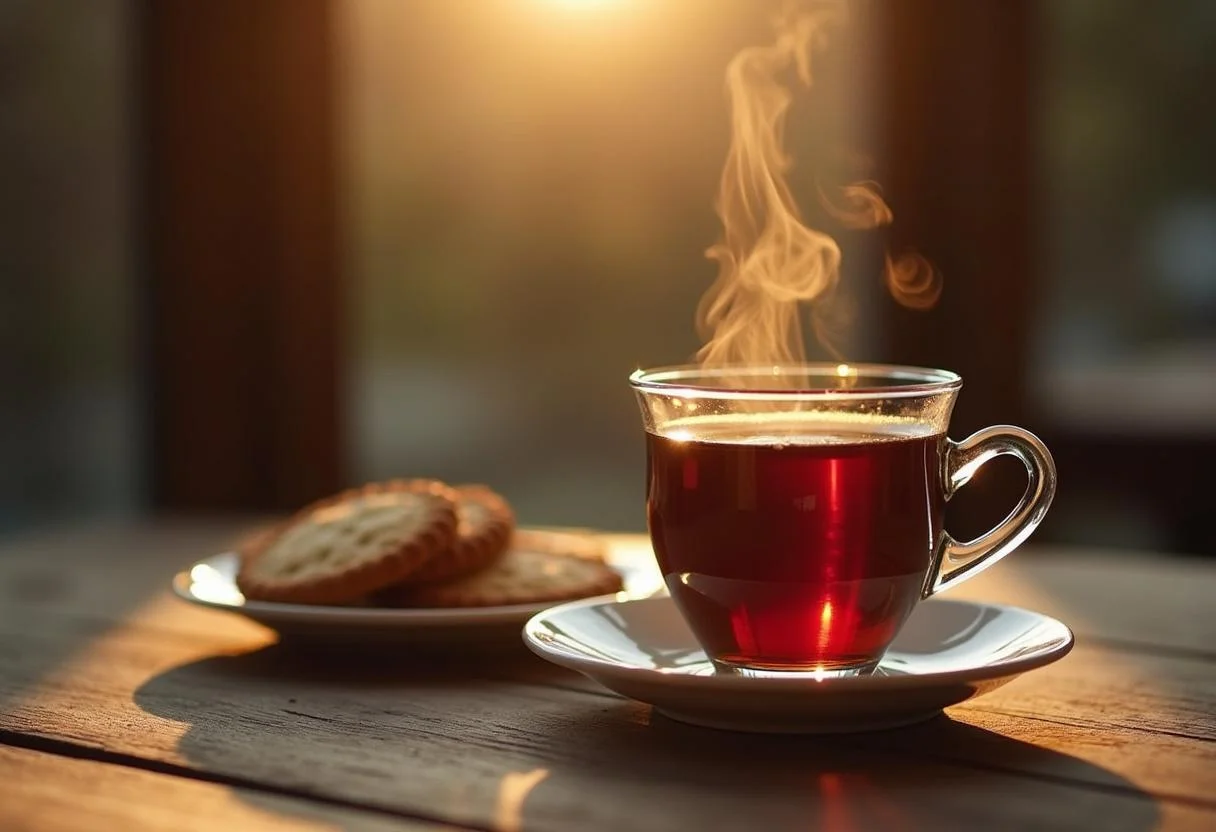 Fertige Tasse schwarzen Tee und Kekse, bewährt bei Durchfallbeschwerden.