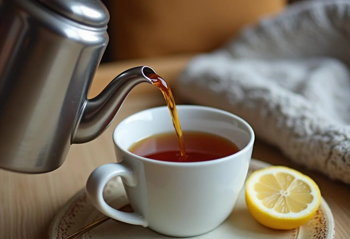 Schwarzer Tee in einer Tasse pour, perfekt zur Linderung von Durchfall-Beschwerden.