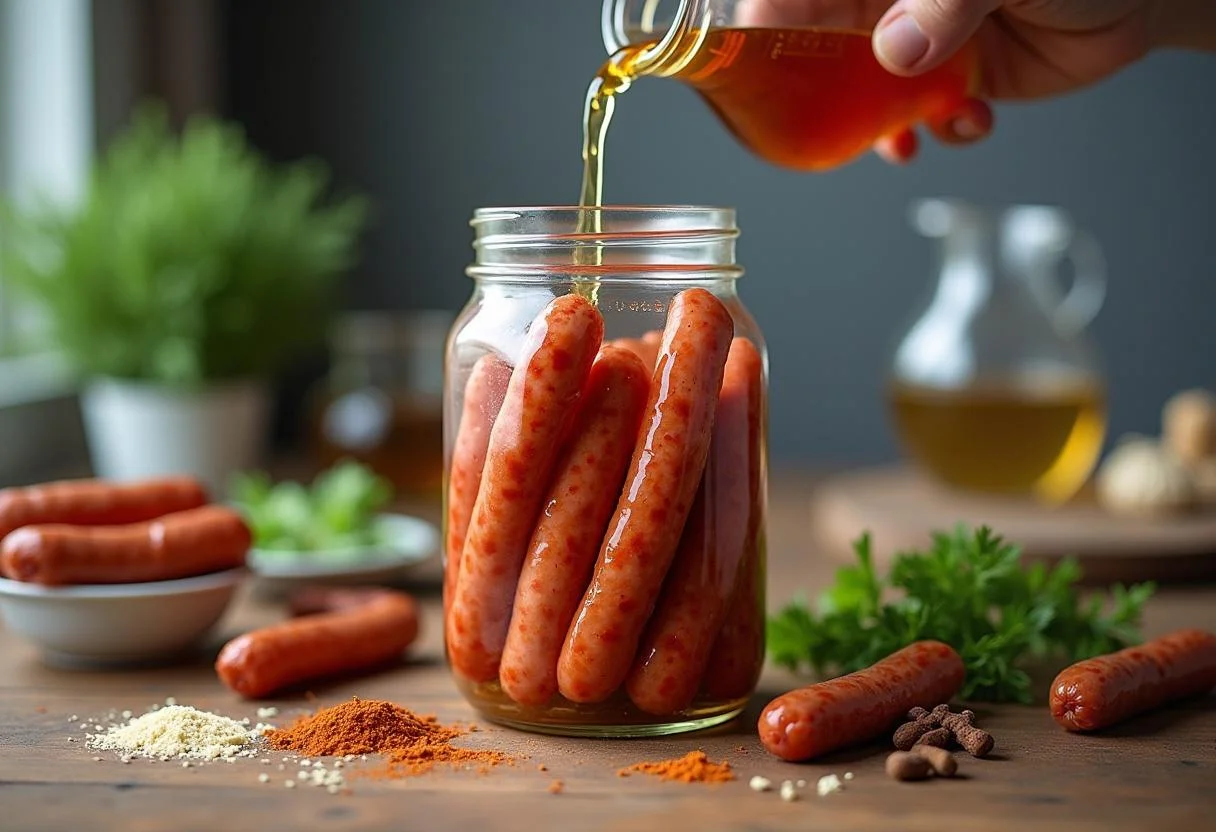 Würzige saure Zipfel kochen in der Pfanne in einer aromatischen Essigsoße.
