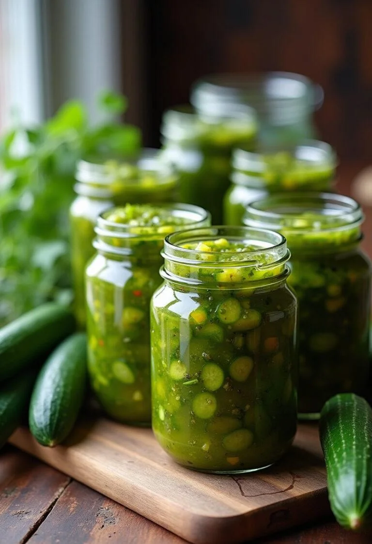 Fertiges würziges Gurkenrelish in Gläsern, ideal zur Ergänzung von Gerichten.