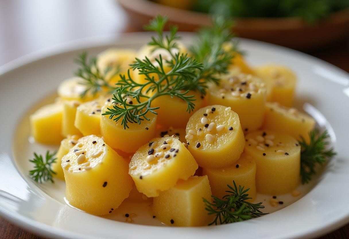 Fertige Zesty Senfgurken mit Dill und Senfkörnern als knusprige Beilage serviert.