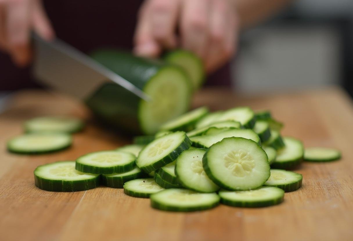 Frische Gurken werden für Zesty Senfgurken dünn geschnitten.