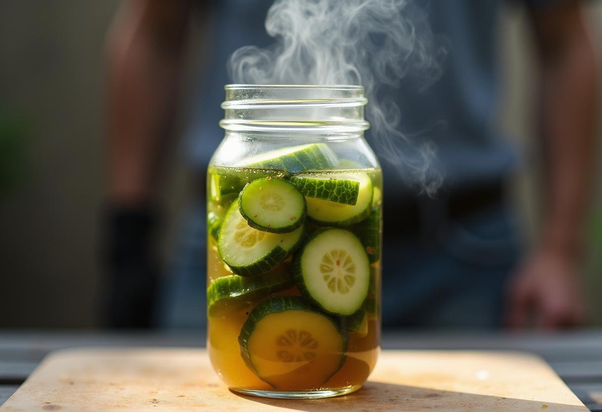 Die geschnittenen Gurken werden mit der heißen Senfgurken-Brühe in ein Glas gefüllt.