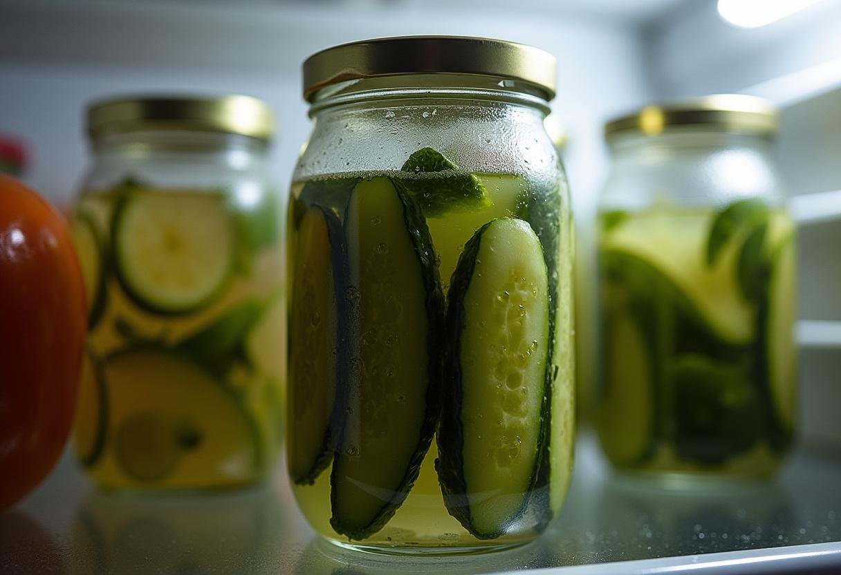 Das Glas mit den eingelegten Senfgurken wird im Kühlschrank zum Abkühlen gelagert.