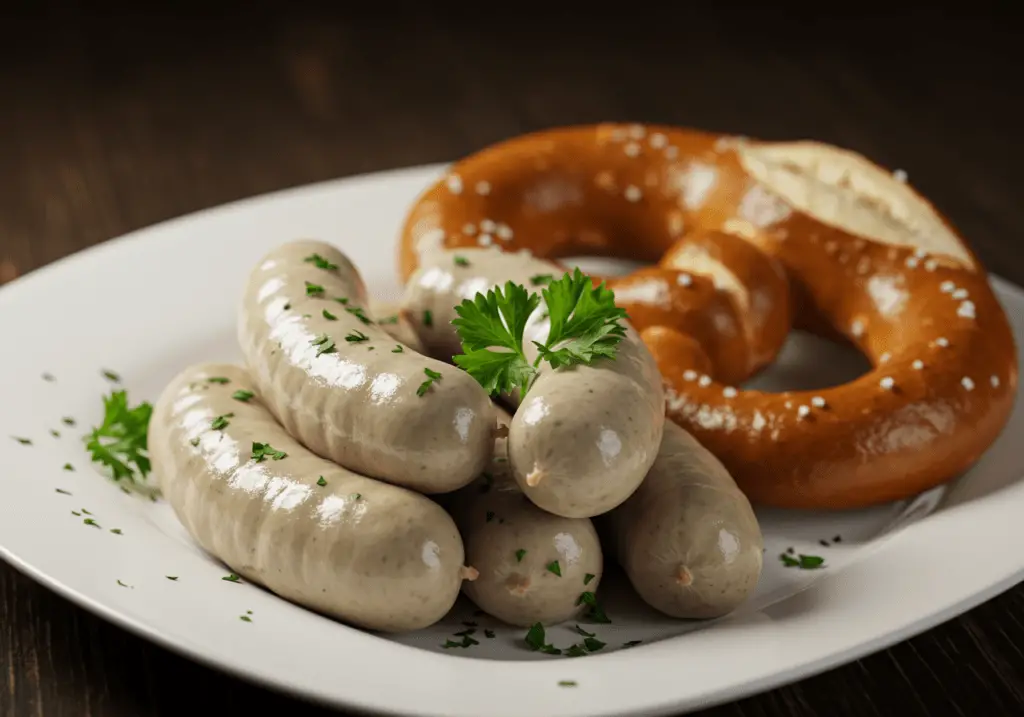 Gegarte Weißwürste mit Brezel und Petersilie garniert auf einem Teller.