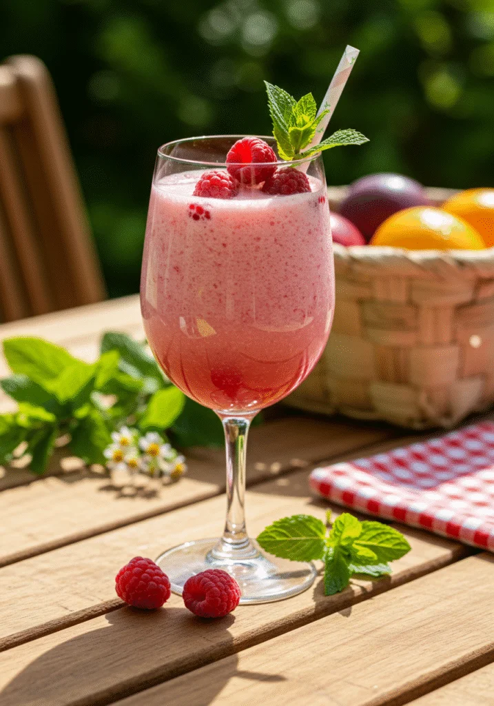 Servierte cremige Himbeerbrause mit frischen Himbeeren und Minze für den perfekten Sommergenuss.