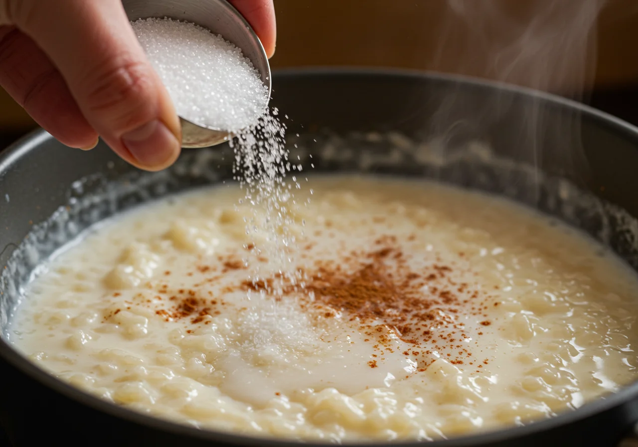 Zucker, der zu cremigem Milchreis hinzugefügt wird, für das Rezept Milchreis mit Zimt und Zucker.