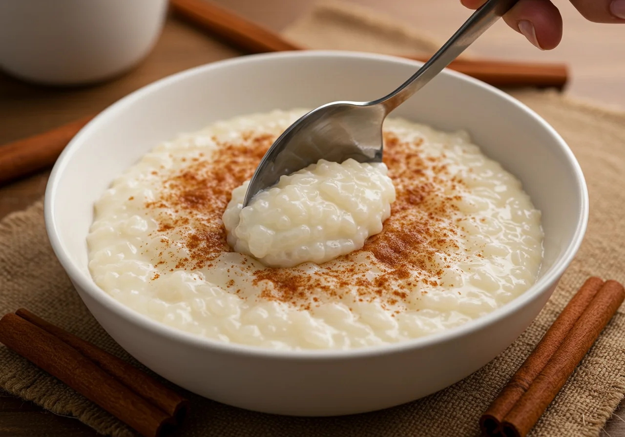 Rührender cremiger Milchreis, verziert mit Zimt, für das Rezept Milchreis mit Zimt und Zucker.