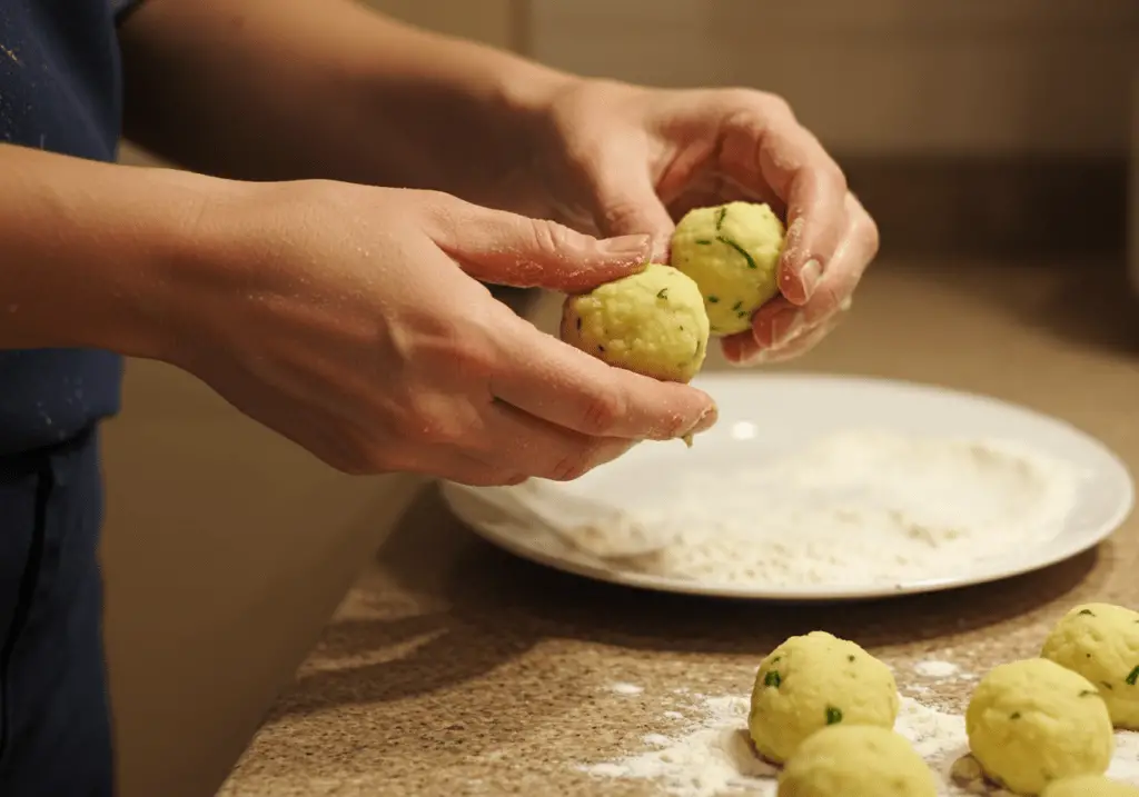 Shaping potato mixture into round dumplings for Crispy Kartoffelklöße.