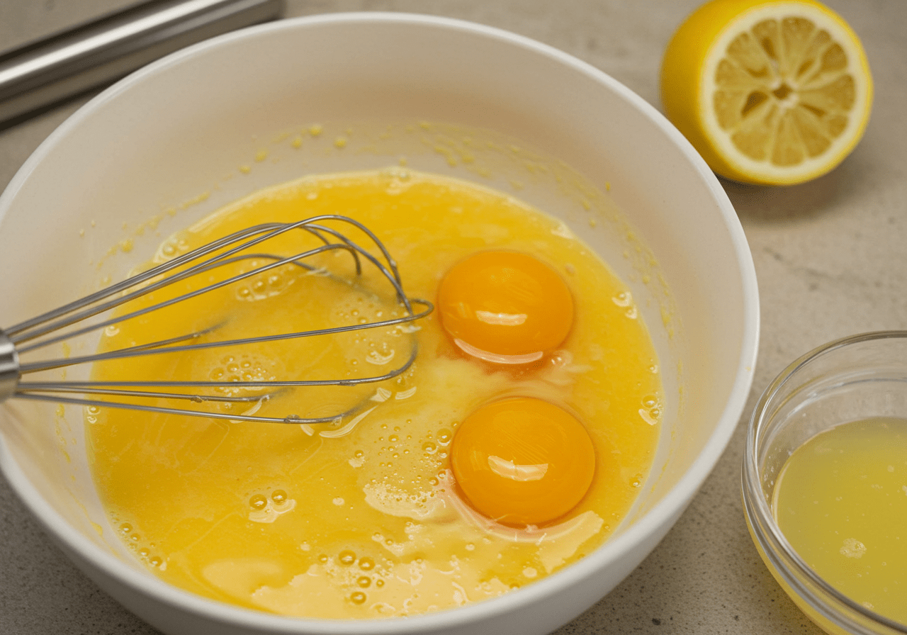 Beaten eggs with lemon juice prepared for breading schnitzel in Golden Crispy Schnitzel recipe.