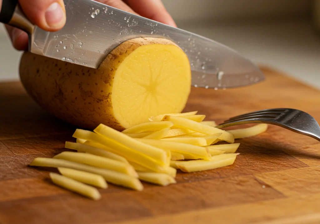 Kartoffelstückchen werden für goldene Schupfnudeln geschnitten und geformt.