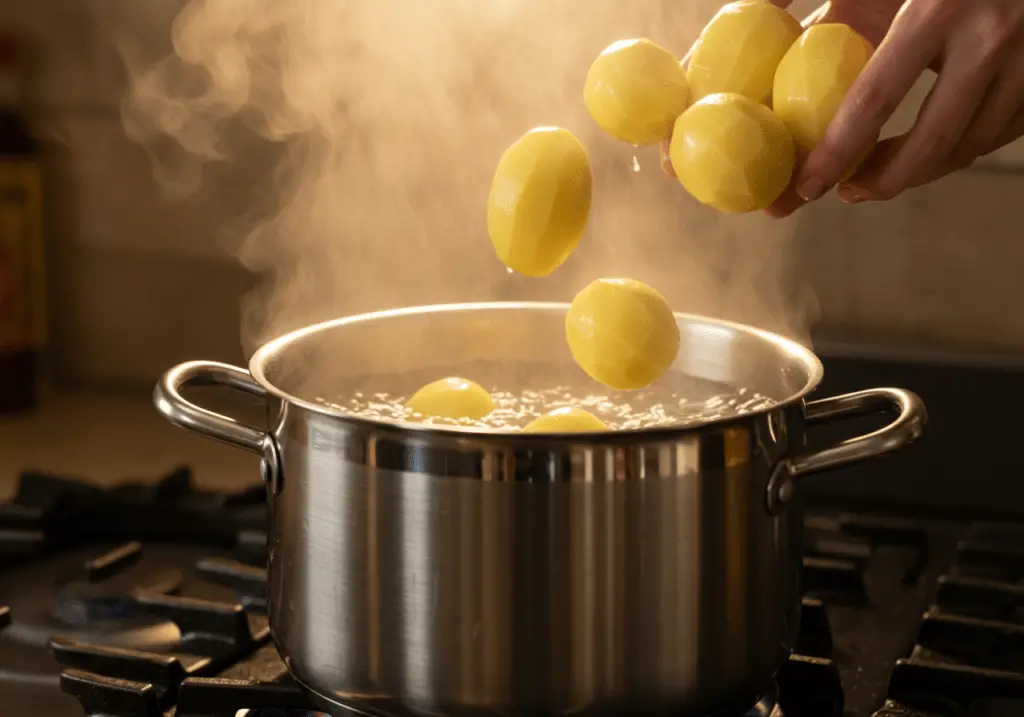 Kartoffeln werden in kochendes Wasser gegeben für knusprige Kartoffelklöße.
