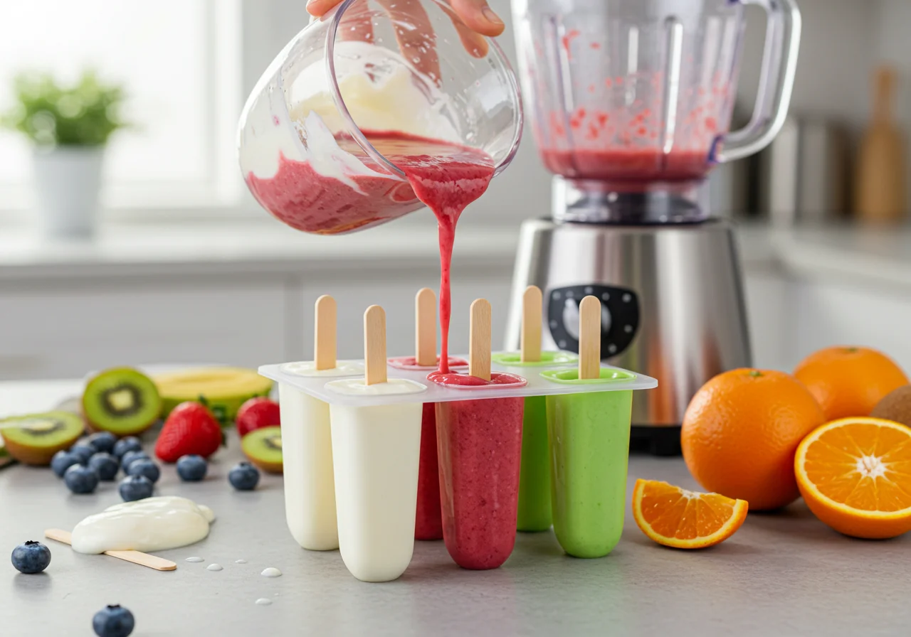 Yogurt and fruit puree being prepared for eis am stiel selber machen in ice pop molds.