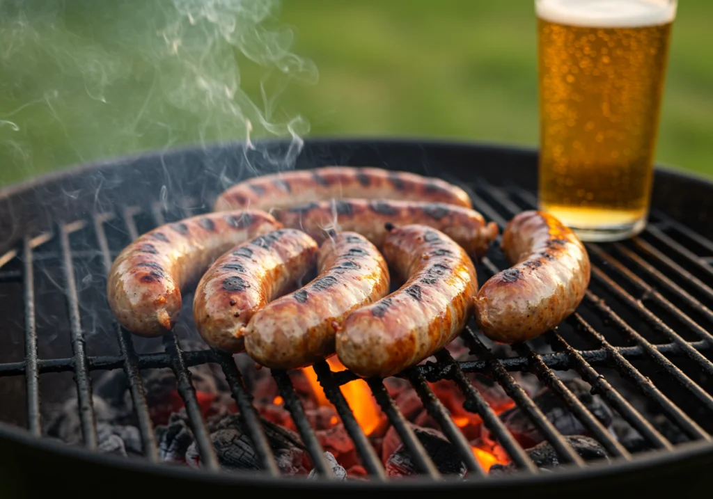 Gegrillte Rauchige Biergartenbratwürste auf einem Holzkohlegrill für ein perfektes BBQ-Ambiente.