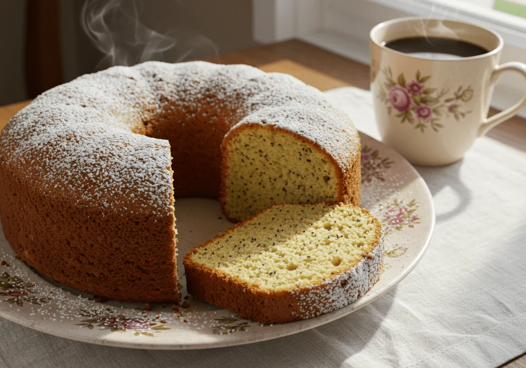 Fertiger Reichhaltiger Mohnkuchen der Oma mit Puderzucker bestäubt und serviert.