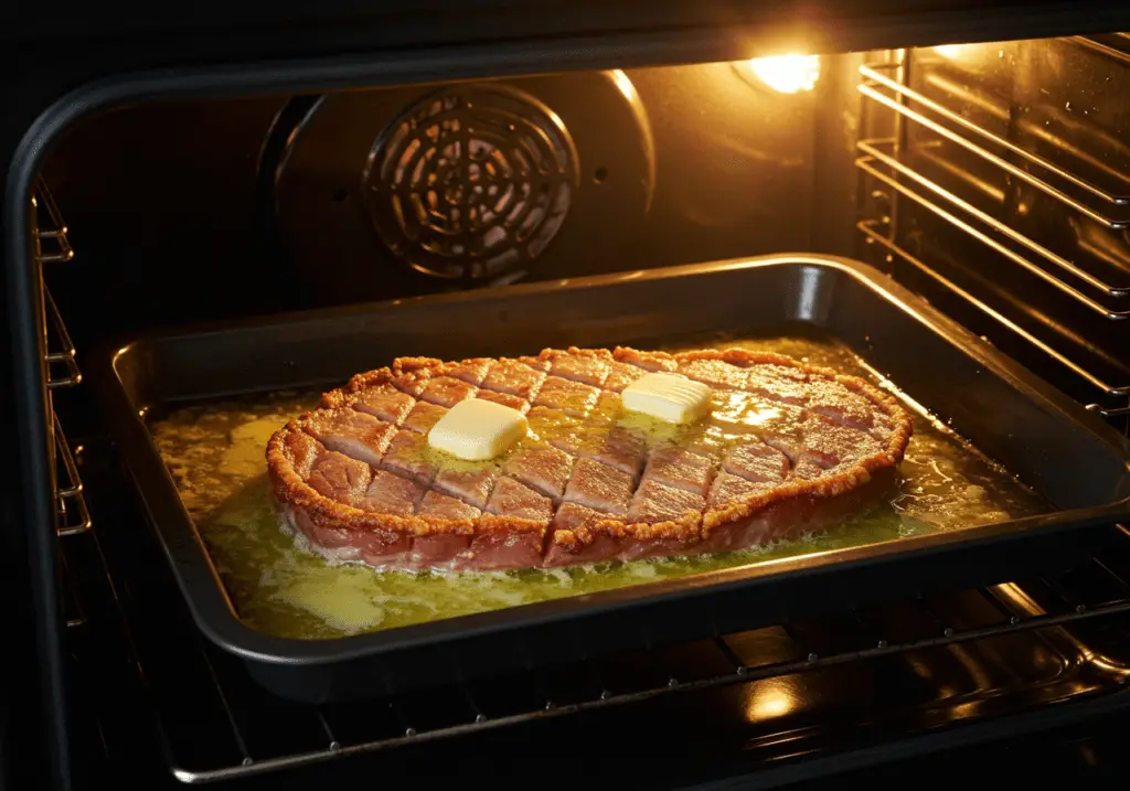 Scored smoked pork knuckle (Eisbein) drizzled with butter, roasting in the oven for a crispy finish.