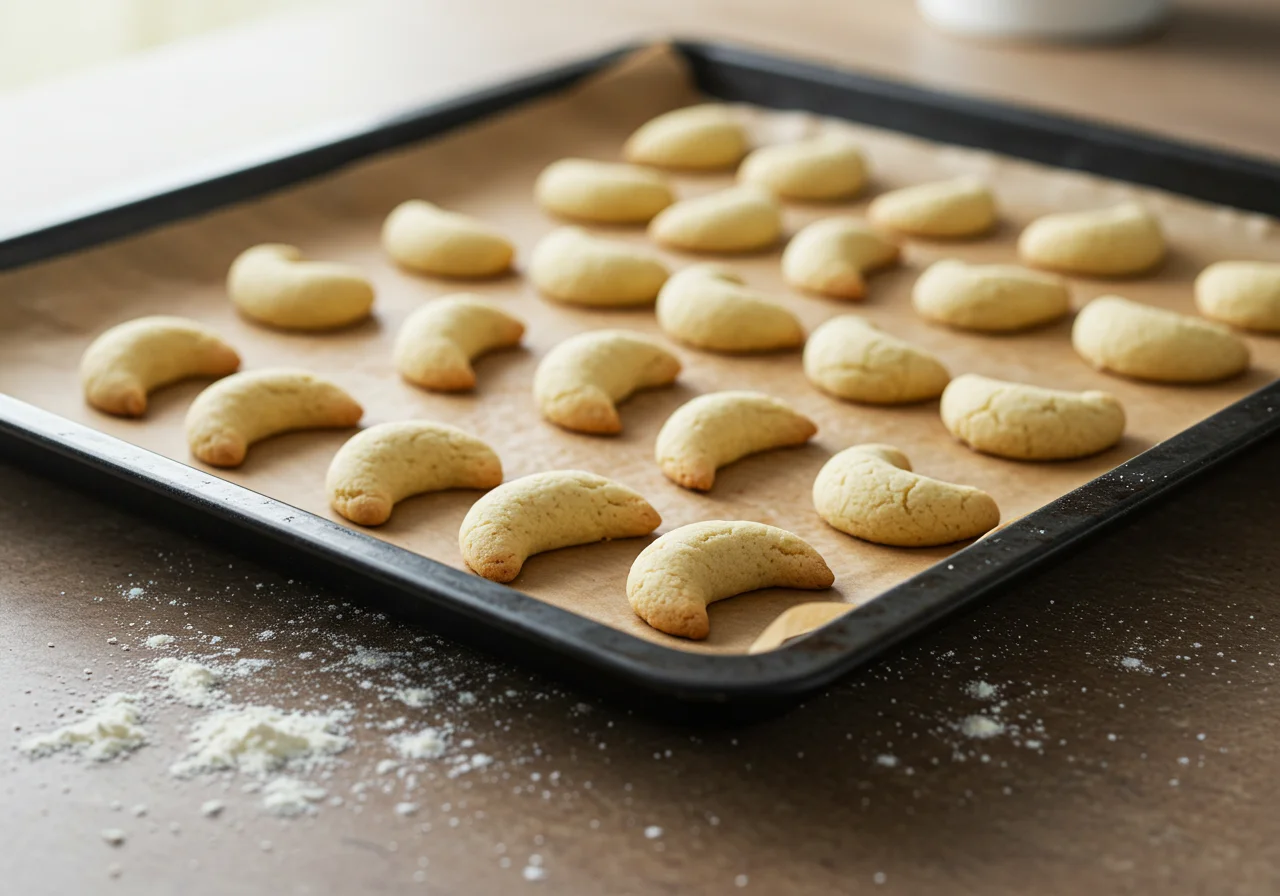 Crescent-shaped cookies prepared for baking, a step in making Vanillekipferl.