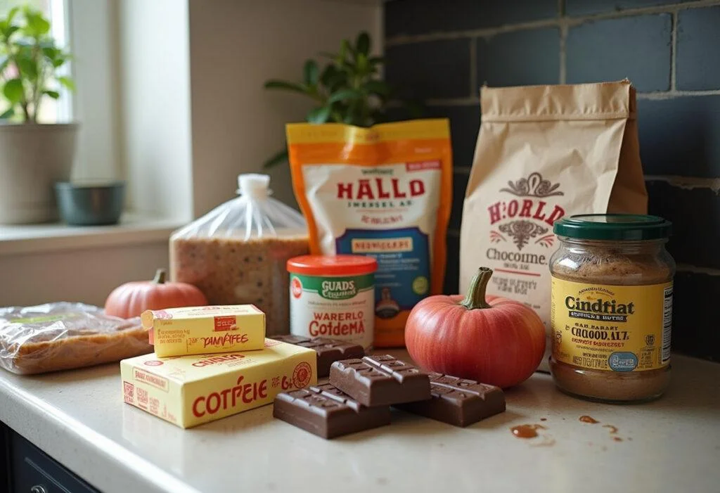 Vielfältige Supermarkt-Angebote in der Küche mit Butter, Schokolade und Kaffee.