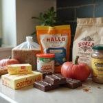 Vielfältige Supermarkt-Angebote in der Küche mit Butter, Schokolade und Kaffee.