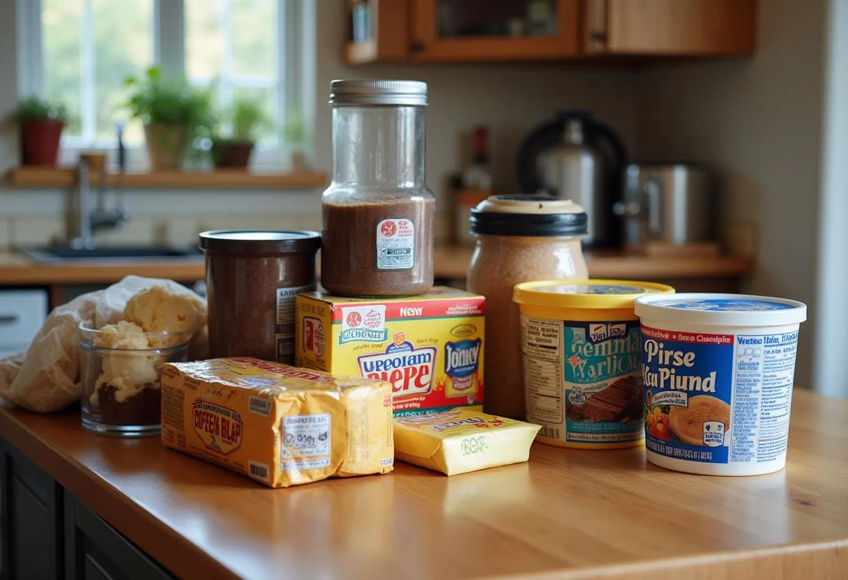 Vielfältige Supermarkt-Angebote in der Küche mit Butter, Schokolade und Kaffee.