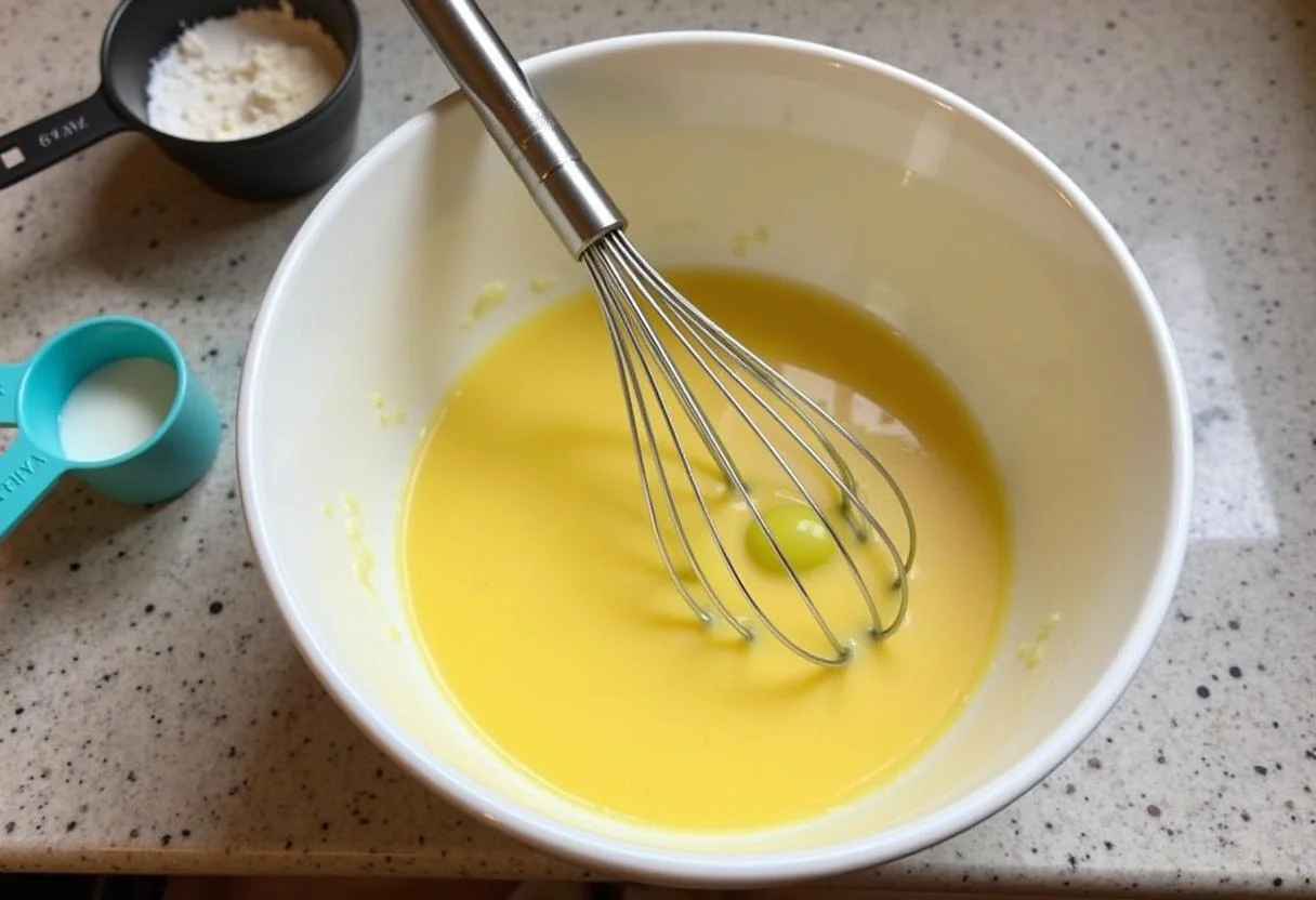 Rührschüssel mit geschmolzener Butter und Zutaten für das aktuelle Butter-Angebot diese Woche.