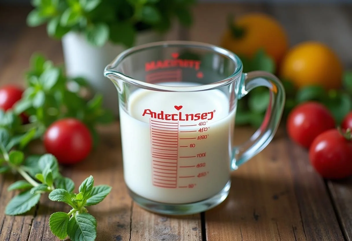 Andechser Bio Milch in a glass measuring cup for preparing likör 43 mit milch.
