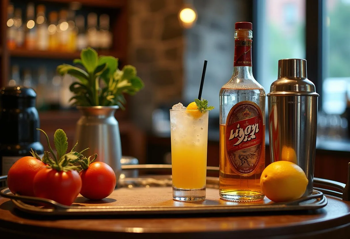 Ingredients for likör 43 mit milch on a bar cart, featuring Licor 43 and Andechser Bio Milch.