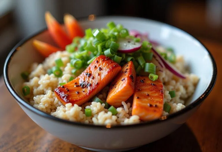 Fertige asiatische Reis-Bowl mit Lachs Teriyaki, perfekt zum Servieren und Genießen.