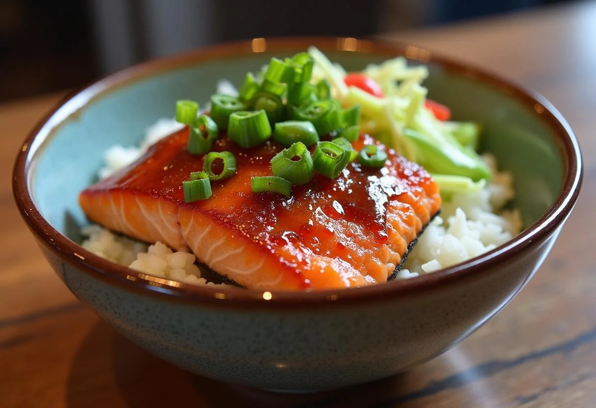 Fertige asiatische Reis-Bowl mit Lachs Teriyaki, perfekt zum Servieren und Genießen.