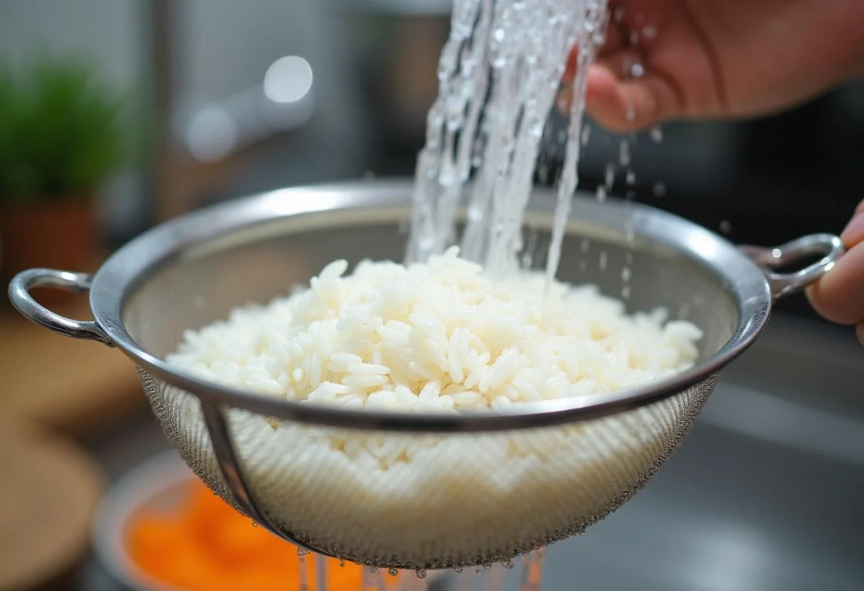 Reis mit Lachs vorbereiten: Ungekochter Reis wird unter kaltem Wasser gespült.