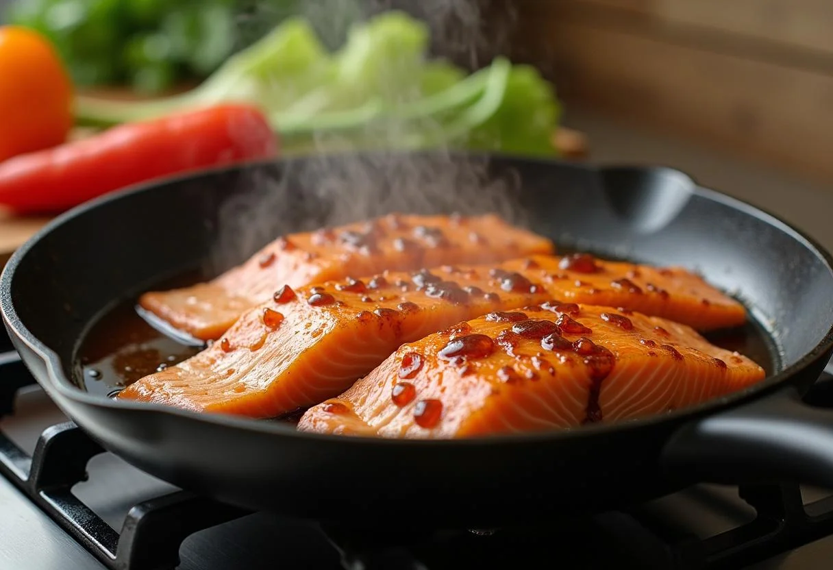Lachs in Teriyaki-Sauce braten für die asiatische Reis-Bowl mit Lachs Teriyaki.