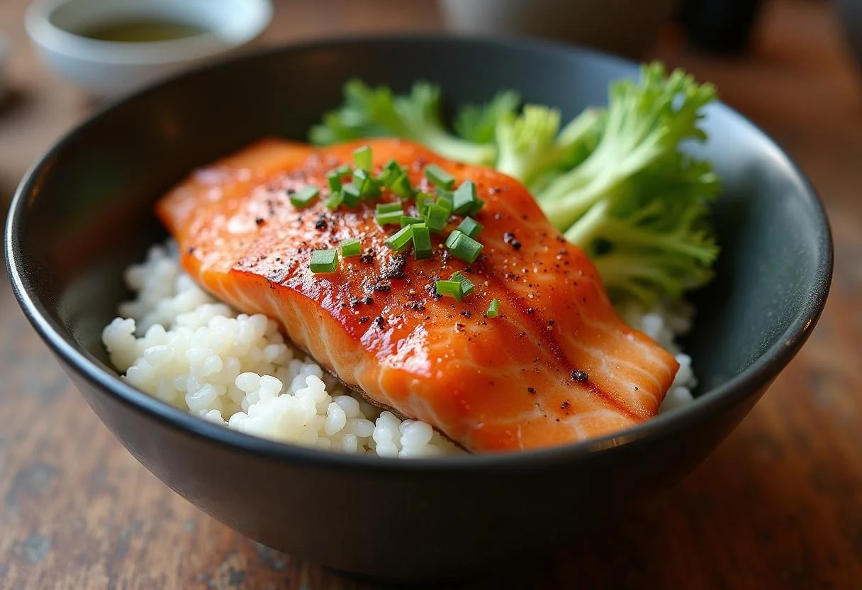 Schüssel mit Reis und gebratenem Lachs in Teriyaki-Sauce für die asiatische Reis-Bowl.