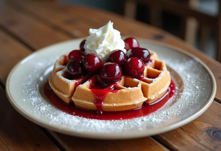 Belgische Waffeln mit heißen Kirschen und Sahne, ideal für ein Dessert.