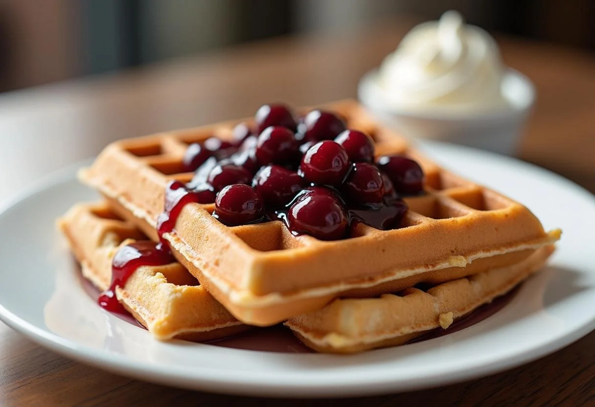 Frisch gebackene Belgische Waffeln werden mit heißen Kirschen und Sahne serviert.