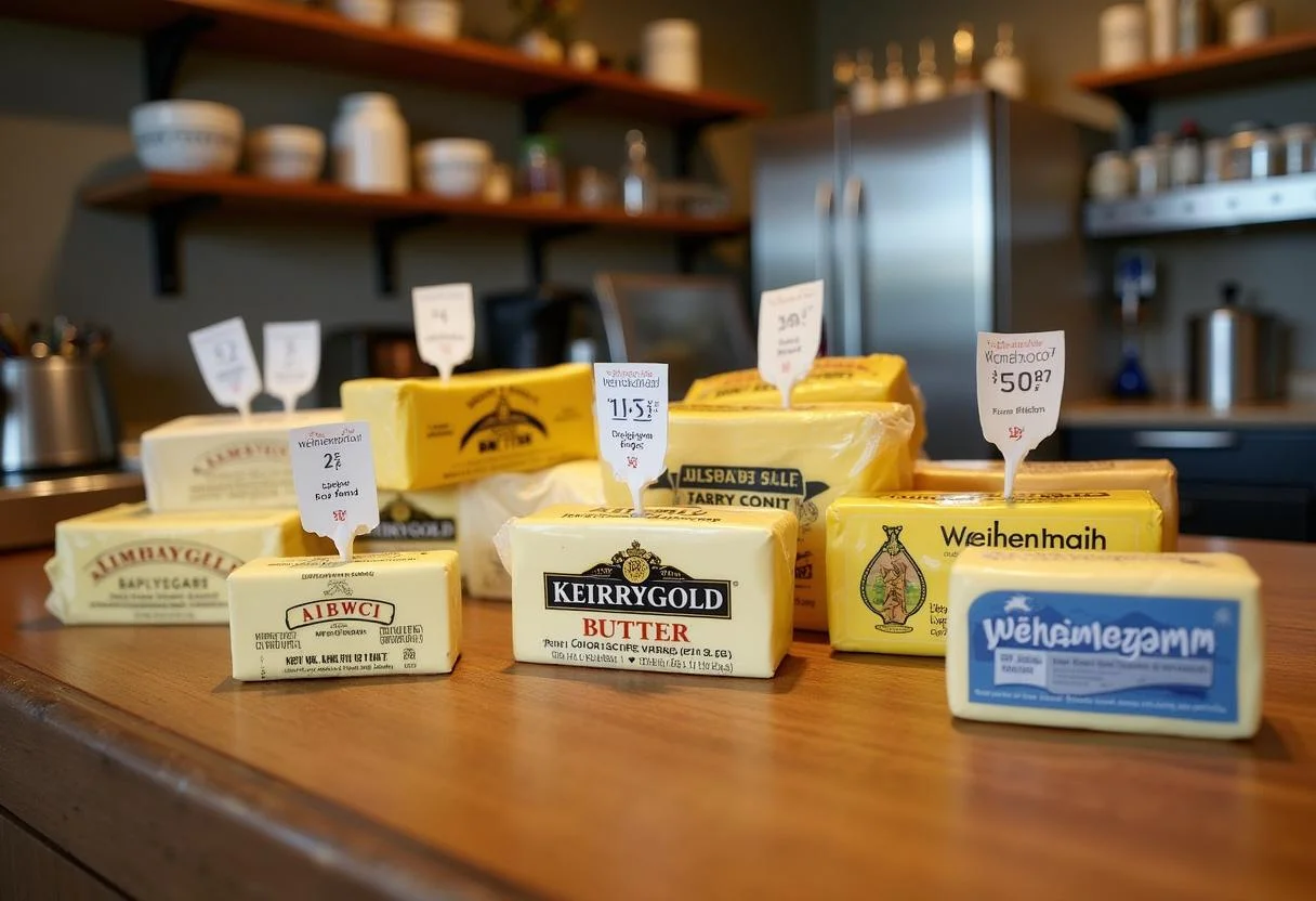 Vielfalt der Butterprodukte wie Kerrygold und Weihenstephan im Angebot auf der Arbeitsplatte.