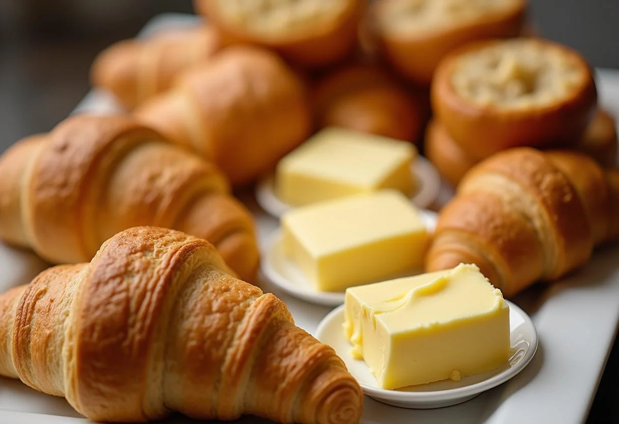 Frisch gebackene Croissants und Brote mit verschiedenen Buttersorten im Angebot.