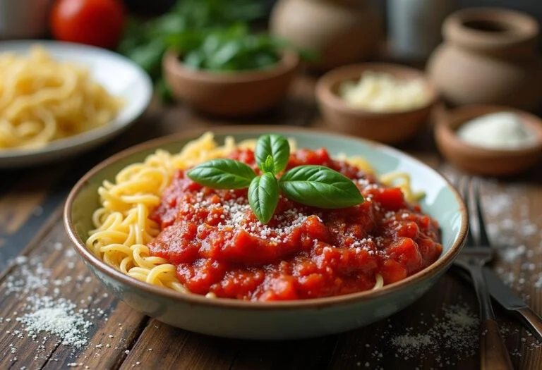 Die beste Tomatensauce aus passierten Tomaten serviert mit Pasta und frischem Basilikum.