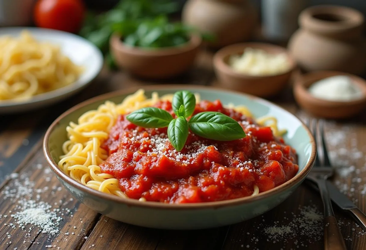 Die beste Tomatensauce aus passierten Tomaten serviert mit Pasta und frischem Basilikum.