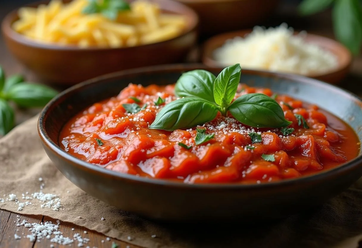 Die beste Tomatensauce aus passierten Tomaten serviert mit Pasta und frischem Basilikum.