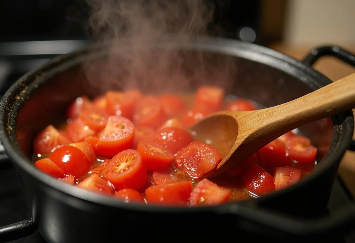 Tomaten köcheln in einem Topf für die beste Tomatensauce mit passierten Tomaten.