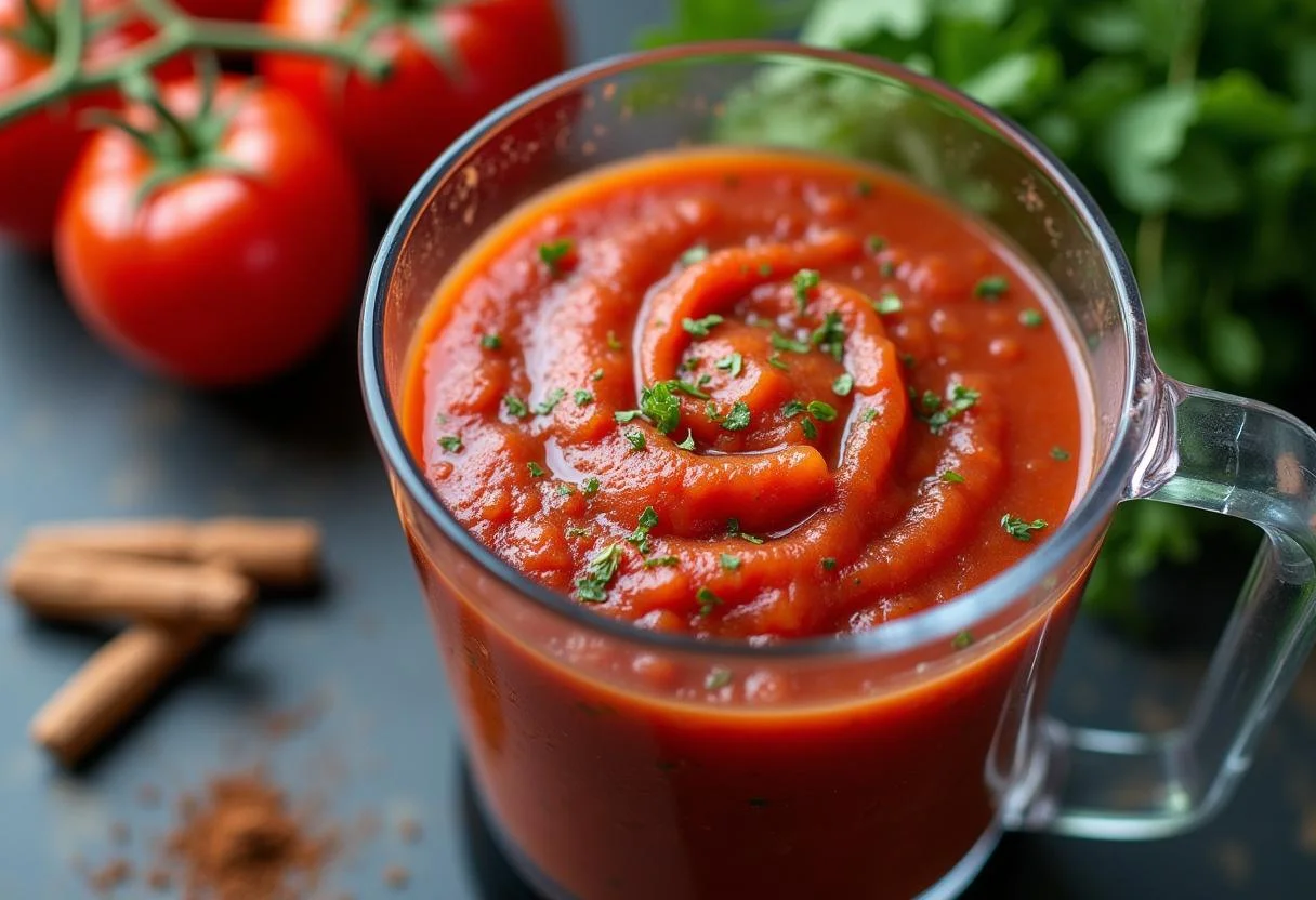 Passierte Tomaten werden in einem Mixer püriert für die perfekte Tomatensauce.