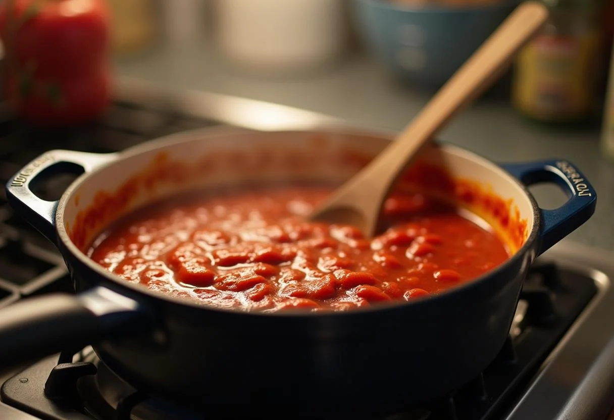 Die fertige Tomatensauce mit passierten Tomaten wird in einem Kochtopf erhitzt.