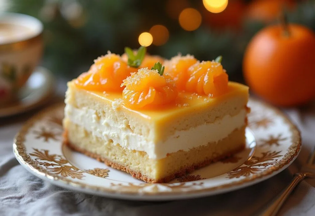 Finished mandarinen schmand kuchen presented on a plate, perfect for celebrations.