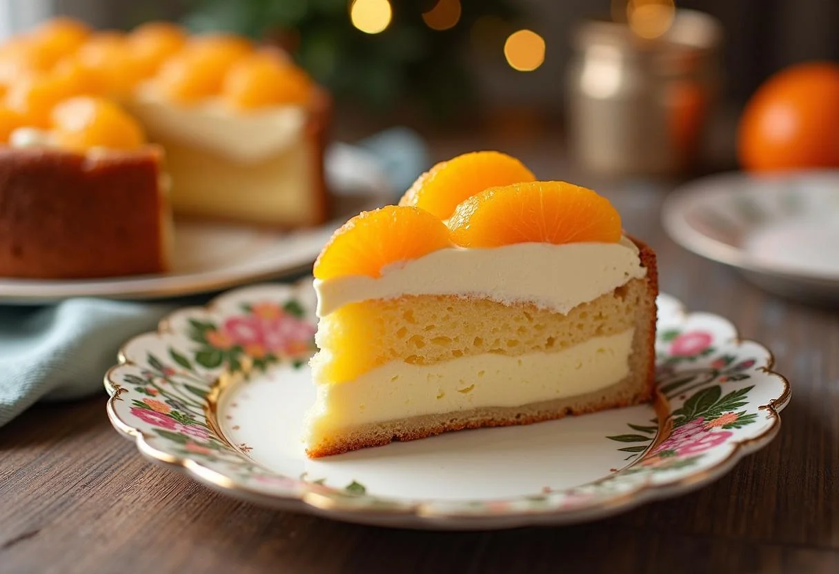 Fertiger Mandarinen-Schmand-Kuchen auf einem Teller präsentiert, perfekt für Feierlichkeiten.